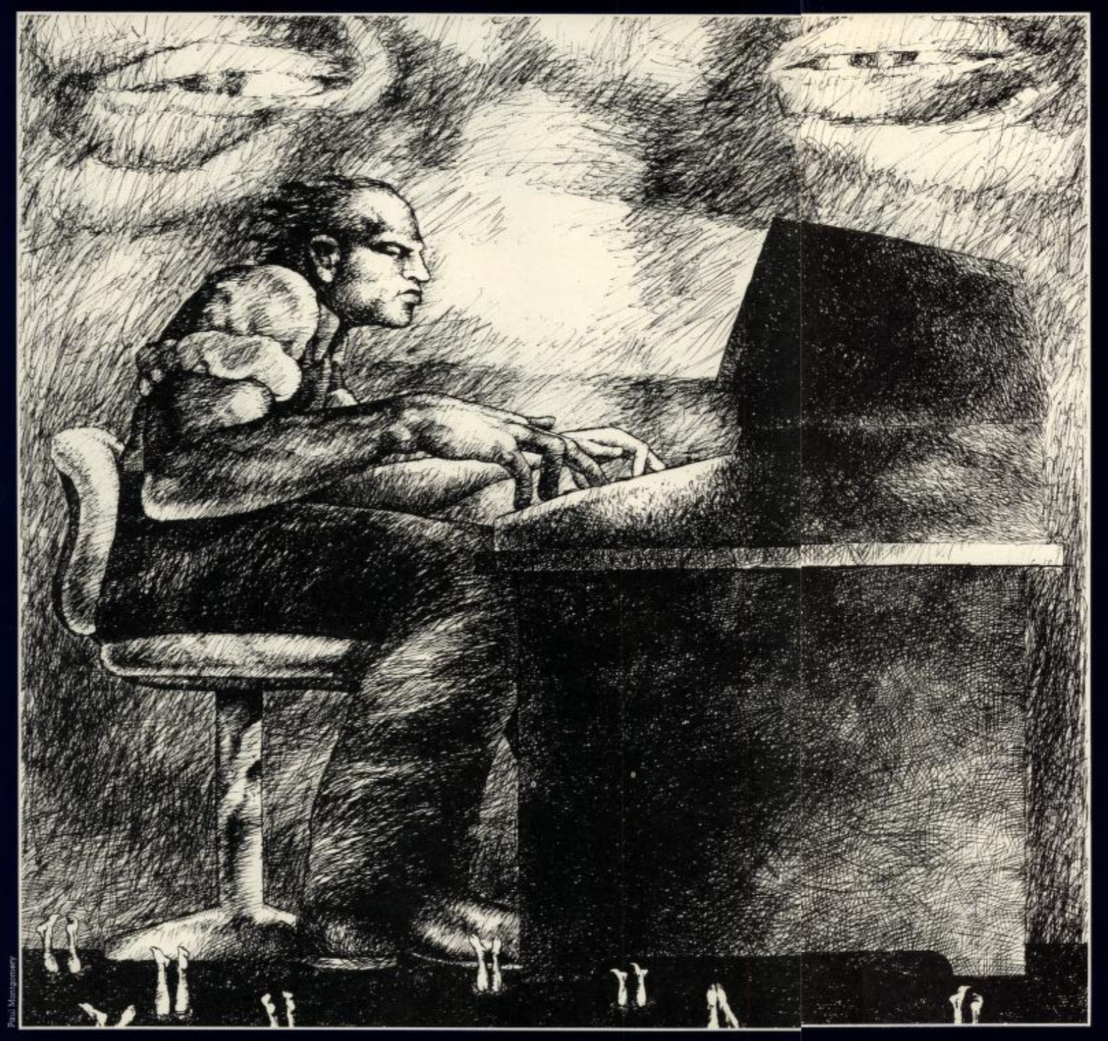 illustration of a man kinda in the dark, sitting at a computer, the screen shining in his face (side view). a huge face (mostly a par of eyes) is looking at him creepily (big brother(?). at the bottom of the image is various pairs of legs/feet protruding from the ground.