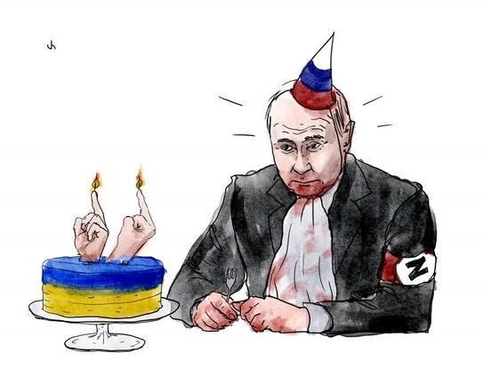 Old cartoon from second aniversary of war against Ukraine showing putin with ironic festive hatlet wearing Z arm binder reminding of nazi arm binder and birthday cake with two candles being stinky fingers on a cake in Ukrainian flag colors.