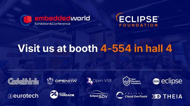 Banner for Embedded World Exhibition & Conference and Eclipse Foundation. Text reads: βVisit us at booth 4-554 in hall 4.β Background shows a busy trade show booth. Logos displayed include CodeThink, OpenHW, Open VSX, Open Regulatory Compliance, Eclipse, Eurotech, Eclipse ThreadX, Eclipse SDV, Eclipse Cloud DevTools and Theia.