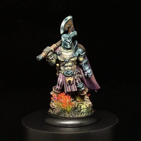 Pale barbarian wearing a helmet, dressed in purple cloak and trsouers, holding a large axe over his right shoulder. Front shot.