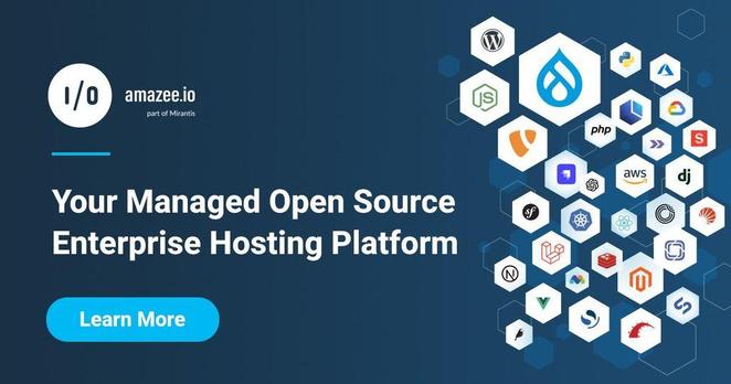 Dark blue background with many CMS logos on the right, such as Drupal, Wordpress, Laravel, and more. the amazee.io logo is at the top left. The image reads "Your Managed Open Source Enterprise Hosting Platform. Theres a light blue button at the bottom with "Learn More" as the text.