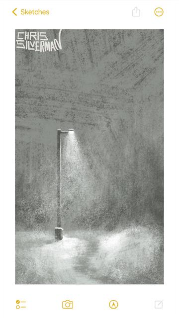 A single streetlamp stands next to a small path winding through a wooded park. It's at night, and in the middle of a blizzard. The sky is a dull, slate gray. The ground is mostly covered with snow. The lamp casts a cone of white light, thick with snowflakes. The surrounding trees are just blurs. The path is in the process of being covered up by snow. The painting is signed "Chris Silverman".