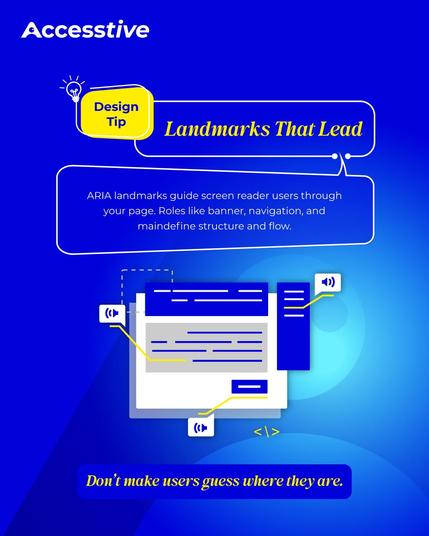 A tips-and-tricks graphic explaining how ARIA landmarks define page regions like banner, navigation, and main to support clear navigation for screen reader users.