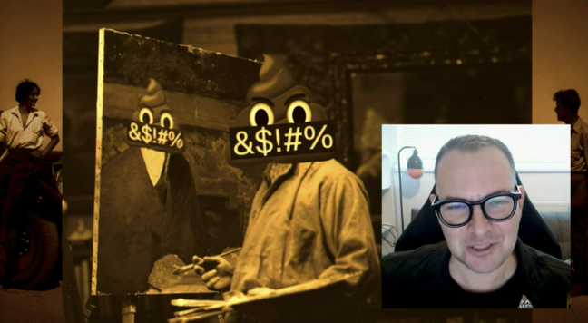 Cory Doctorow presenting at the FediMTL virtually. Behind him are fun photos of men with literal shit heads.