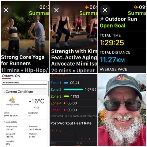 Grid of iOS screenshots and a photo:
1) Apple Fitness Strong Core Yoga for Runners, 11 mins.
2) Apple Fitness Strength with Kim, featuring Active Aging Advocate Mimi Ison, 20 mins.
3) Apple Fitness Running Details:
Total Time: 1:29:25.
Total Distance: 11.27 KM.
4) Environment Canada site showing -16°C, -27 windchill, 60% humidity, and 28 KM/H wind.
5) Apple Fitness Heart Rate Zone report:
Zone 1: 09:41.
Zone 2: 1:07:52.
Zone 3: 11:53.
Zone 4: 00:00.
Zone 5: 00:00.
6) Selfie of a white bearded man with glasses, a black ball cap with Canadian and Ukrainian flags on it, an orange hoodie, a red outer coat, and has some ice on his beard.