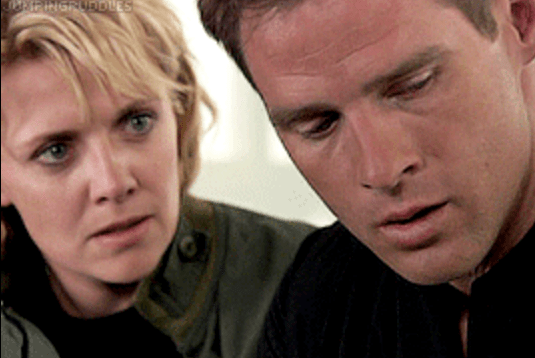 Samantha Carter checks on Col. Mitchell after reliving a particularly painful memory.