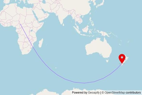 A map showing the great circle route from Bologo in Chad to a map pin at St Peter's Anglican Church, 2 Church Street, Boydtown, Queenstown 9300, New Zealand