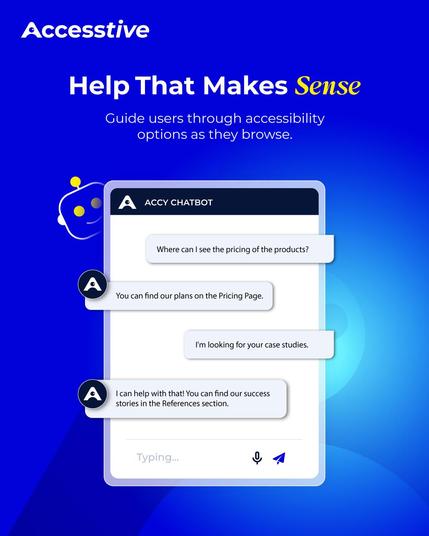 A product feature graphic showing a conversational interface that explains accessibility options such as contrast adjustment and navigation support, emphasizing clear guidance and ease of use for inclusive browsing.