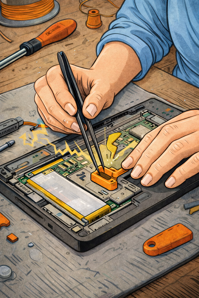 Imagen tipo comic de una persona arreglando un e-reader
