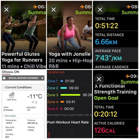 Grid of iOS screenshots:
1) Apple Fitness Powerful Glutes Yoga for Runners, 11 mins.
2) Apple Fitness Yoga with Jonelle, 20 mins.
3) Apple Fitness Running Details:
Total Time: 0:51:22.
Total Distance: 6.66 KM.
Average Pace: 7'43"/KM.
4) Environment Canada site showing Light Snow, -11°C, -18 windchill, 85% humidity, and 16 KM/H wind.
5) Apple Fitness Heart Rate Zone report:
Zone 1: 01:39.
Zone 2: 09:30.
Zone 3: 36:28.
Zone 4: 03:41.
Zone 5: 00:00.
6) Apple Fitness Functional Strength Training, Total time: 0:20:12,126 active calories.