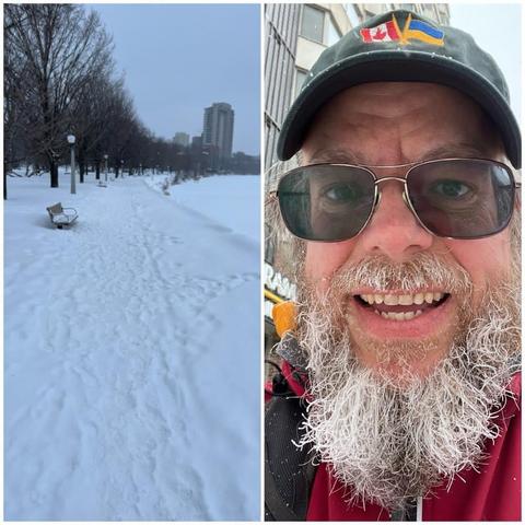 Two side by side photos:
1) Snowy path along the shore in Strathcona park with bare trees on the left and the snow-covered Rideau River on the right, under a grey sky.
2) Selfie of a white bearded man with glasses, a black ball cap with Canadian and Ukrainian flags on it, an orange hoodie, a red outer coat, with a light coating of ice on the beard.