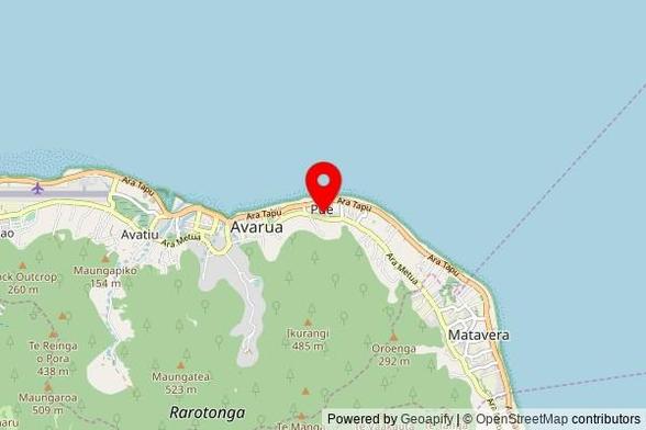 A partially zoomed out map with a pin at the position of Apostolic Church, Ara Metua, Avarua, Cook Islands