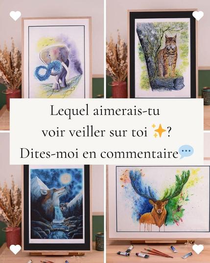 Le visuel est séparé en 4 parties. Dans chaque coin, l'un des gardiens vu précédemment en gros plan. Au milieu le texte "Lequel aimerais-tu voir veiller sur toi ✨? Dites-moi en commentaire💬".