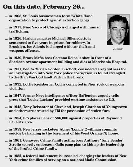 On this date, February 26...
 • in 1908, St. Louis businessmen form 'White Hand' organization to protect against extortion gangs.
 • in 1913, Nino Sacco of Chicago is charged with human trafficking.
 • in 1926, Harlem gangster Michael DiBenedetto is sentenced to five years in prison for robbery. In Brooklyn, Joe Adonis is charged with car theft and weapons offenses.
 • in 1930, Bronx Mafia boss Gaetano Reina is shot in front of a Sheridan Avenue apartment building and dies at Morrisania Hospital.
 • in 1931, Benita 'Vivian Gordon' Bischoff, considered a key witness for a probe into New York police corruption, is found murdered in Van Cortlandt Park.
 • in 1932, Lottie Kreisberger Coll is convicted in New York of weapons violation.
 • in 1947, former Navy intelligence officer Haffenden tells press that 'Lucky Luciano' provided wartime assistance to U.S.
 • in 1948, Tony Delsanter of Cleveland, Joseph Giordano of Youngstown and others are arrested by FBI for possession of stolen furs.
 • in 1954, IRS places liens of $86,000 against properties of Raymond L.S. Patriarca.
 • in 1959, New Jersey racketeer Abner 'Longie' Zwillman commits suicide by hanging in the basement of his West Orange NJ home.
 • in 1961, Genovese Crime Family acting boss Anthony 'Tony Bender' Strollo backs a Gallo gang plan to kidnap the Profaci Crime Family leaders.
 • in 1985, a federal indictment is unsealed in the Mafia Commission case.
Image of Abner Zwillman.