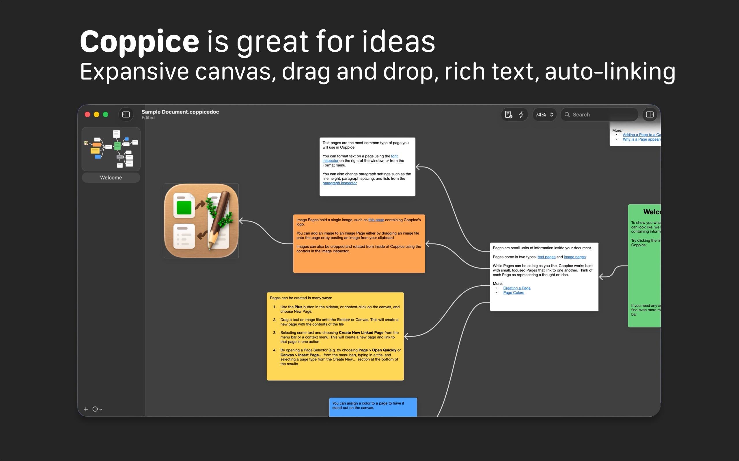 Coppice in dark mode, with features listed: expansive canvas, drag and drop, rich text, auto-linking