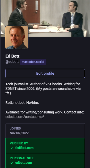 Ed Bott's personal profile, with two green checkmarks, one for the edbott dot com domain