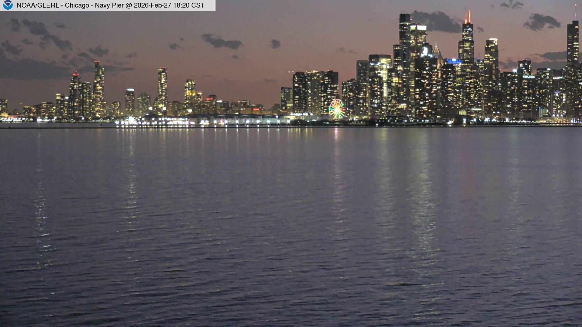 View of Navy Pier in Chicago from William E. Dever Crib in Lake Michigan east of North Avenue. // Image captured at: 2026-02-28 00:20:01 UTC (about 17 min. prior to this post) // Image sourced from: glerl.noaa.gov/metdata/chi/ // Current Temp in Chicago: 54 F | 12 C // Precip: broken clouds // Wind: WSW at 10 mph | 16 kph // Humidity: 42%