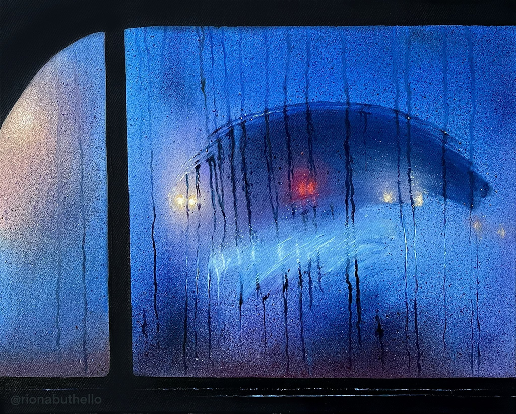 A painting of a window at night, covered in blue-tinted condensation. A curved section has been wiped clear, revealing blurred orange and white lights in the distance.