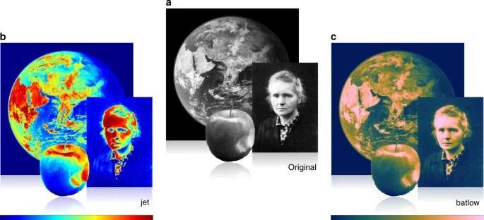 By knowing what something looks like in advance, the distortion by unscientific colour maps, like jet or rainbow, becomes instantly obvious. The look of scientific data is, however, usually unknown a priori, which makes the distortion of an unscientific colour map, and the true data representation of a scientifically derived colour map, like batlow41, less apparent. Marie Skłodowska-Curie, as originally photographed by Henri Manuel around 1920, the Earth from space, and an apple are shown a in their original images and b in distorted and c in undistorted colour versions. Inferring the true picture from an unscientifically (e.g., jet) coloured data set is incomparably harder than from a data set represented in a perceptually uniform and ordered colour map, like batlow.