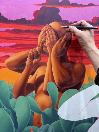 my hand, painting a man with multiple hands covering his face, amidst a patch of cacti, in front of a sunset sky.