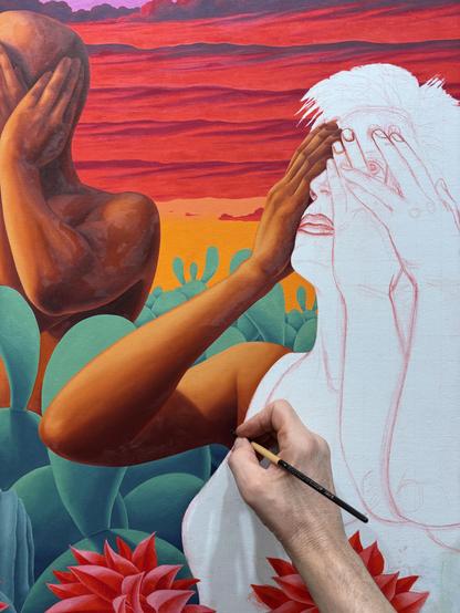 my hand, painting a man & woman with multiple hands covering their faces, amidst a patch of cacti, in front of a sunset sky.