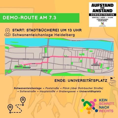 A map detailing the demonstration route for March 7th in Heidelberg, with the starting point at the Stadtbücherei and ending at the Universitätsplatz. Key streets along the route include Schwaneneteichanlage, Poststraße, Kleine Plöck, ...