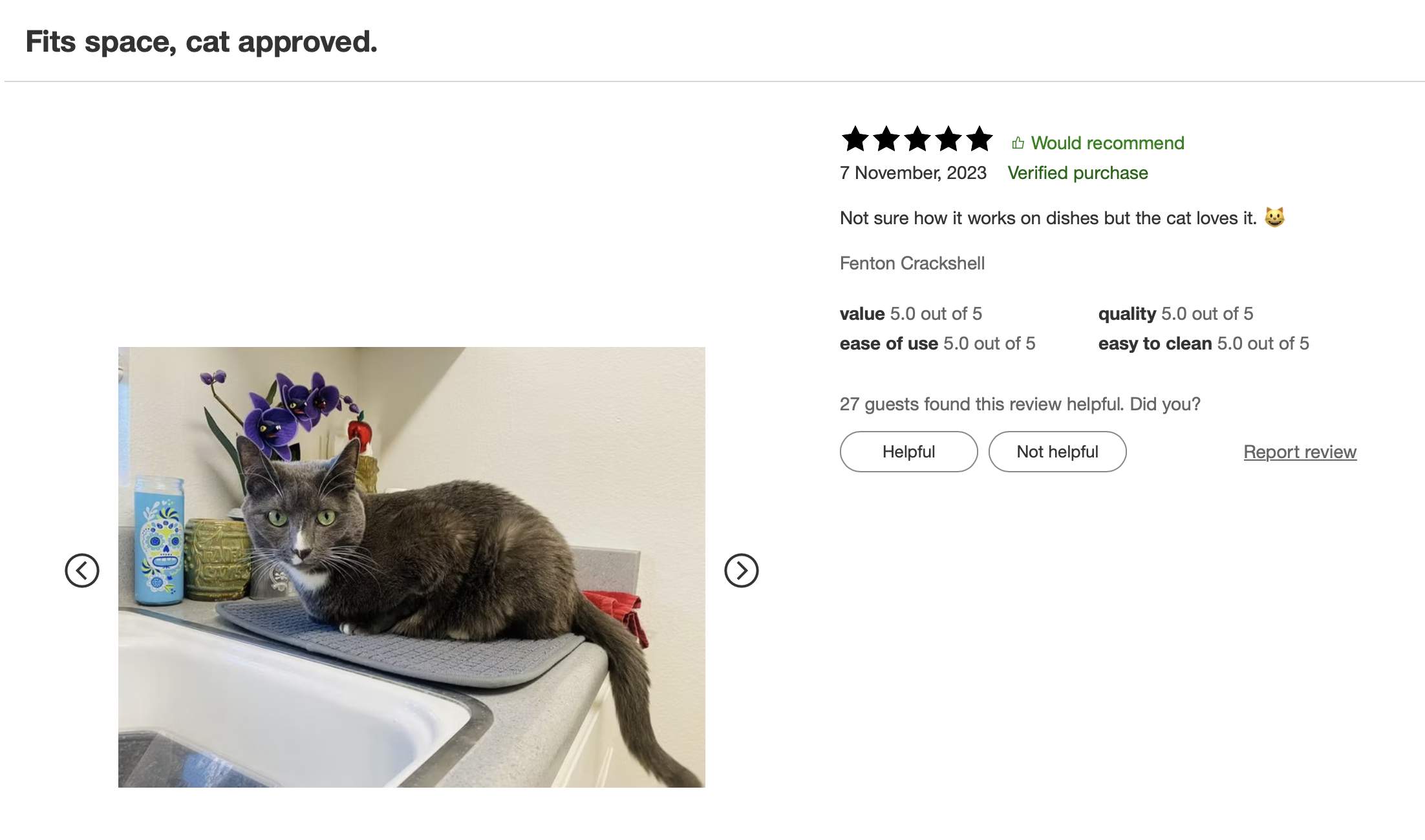 A screenshot of a customer review on target.com for a microfiber dish drying mat. The title of the review is “Fits space, cat approved.” The reviewer says “Not sure how it works on dishes, but my cat loves it!” ★★★★★ with a picture of a gray kitty cat sitting comfortably on a gray dish mat next to a sink.