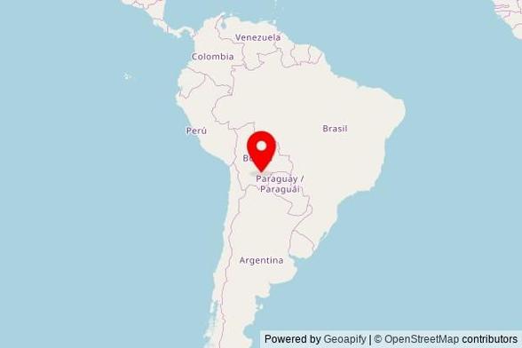 A zoomed in map showing a pin at the position of Iglesia San Antonio de los Sauces, Calle Bolivar, Municipio Monteagudo, Bolivia