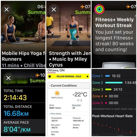 Grid of iOS screenshots:
1) Apple Fitness Mobile Hips Yoga for Runners, 11 mins.
2) Apple Fitness Strength with Jenn, 20 mins.
3) Apple Fitness+ Weekly Workout Streak - "You just set your longest Fitness+ streak! 80 weeks and counting!"
4) Apple Fitness Running Details:
Total Time: 2:14:43.
Total Distance: 16.68 KM.
Average Pace: 8'04"/KM.
5) Environment Canada site showing Yellow warning - cold, -22°C, -28 windchill, 70% humidity, and 7 KM/H wind.
6) Apple Fitness Heart Rate Zone report:
Zone 1: 15:32.
Zone 2: 1:34:45.
Zone 3: 24:13.
Zone 4: 00:00.
Zone 5: 00:00.