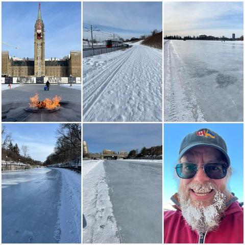 Grid of six photos:
1) The Centennial Flame in the foreground at Parliament Hill, with the Peace Tower in the distance.
2) Packed snowy path with the Ottawa LRT passing on the track off to the left.
3) Dow's Lake portion of the Rideau Canal Skateway.
4) Portion of the Rideau Canal Skateway between Dow's Lake and the Bank Street Bridge.
5) Portion of the Rideau Canal Skateway between Lansdowne and the Pretoria bridge visible in the distance.
6) Selfie of a white bearded man with glasses, a black ball cap with Canadian and Ukrainian flags on it, an orange hoodie, a red outer coat, and has ice on his beard.