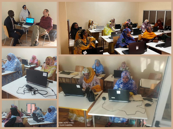 Collage aus Fotos, die einen IT-Raum in Mauretanien zeigen. Auf Tischen stehen aufgeklappte Laptops, davor überwiegend Frauen, die lernen und sich mit den Laptop vertraut machen. Ein Foto zeigt den Kursleiter vor Ort mit dem Labdoo-Vertreter vom Hub Würzburg.