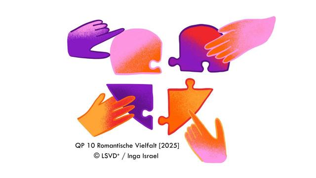 Vier bunte Puzzleteile, die von vier unterschiedlich gefärbten Händen zusammengefügt werden. Text in schwarzer Schrift: Romantische Vielfalt. Copyright: LSVD⁺ / Inga Israel