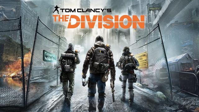 An artistic depiction from "Tom Clancy's The Division," showcasing three agents walking through a deserted, snow-covered urban landscape. The scene features a damaged city, with debris and signs indicating a quarantine area, set against a backdrop of tall buildings.