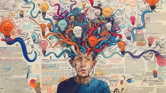 An illustration depicting a confused person with a nest of colored "lightbulb" thoughts and feelings snaking out of their head. They are surrounded by multi-colored text and images, emphasizing their confusion.