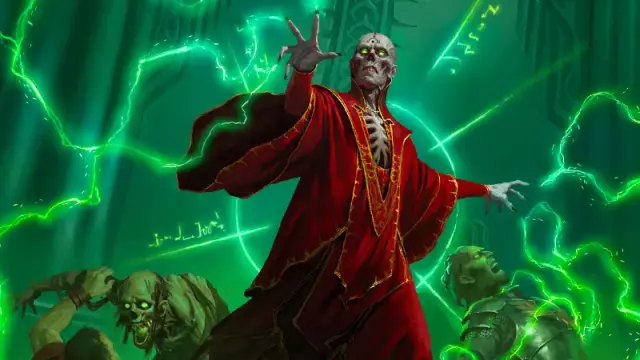 Official D&D artwork from 2026, featuring the Red Wizard Lich Szass Tam surrounded by glowing green magical energy as he casts a spell.