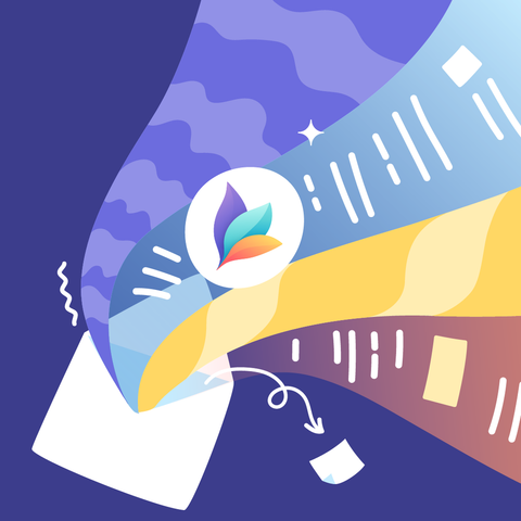 Abstract illustration featuring layered, flowing shapes in blue, purple, and yellow tones, centered around a circular MindNode leaf logo, with decorative lines and sparkles suggesting motion and creativity.