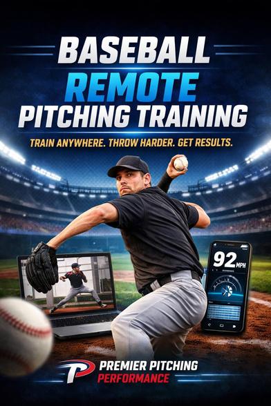 Baseball pitcher training through a baseball remote pitching training program, showing online coaching, mechanics analysis on a laptop, and velocity tracking on a mobile app.