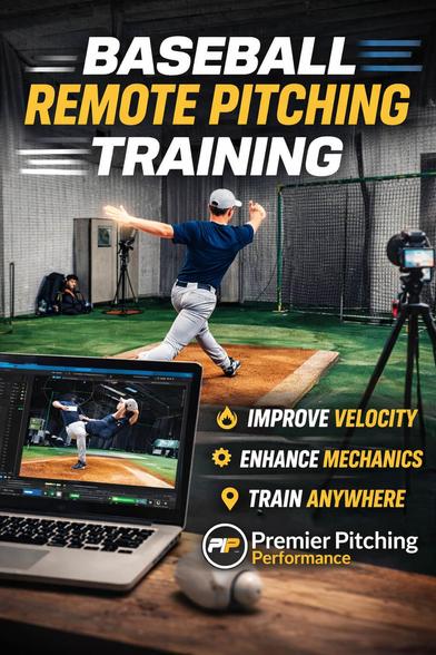 Baseball pitcher using a baseball remote pitching training program with video analysis, cameras, and a laptop reviewing pitching mechanics to improve velocity and performance.