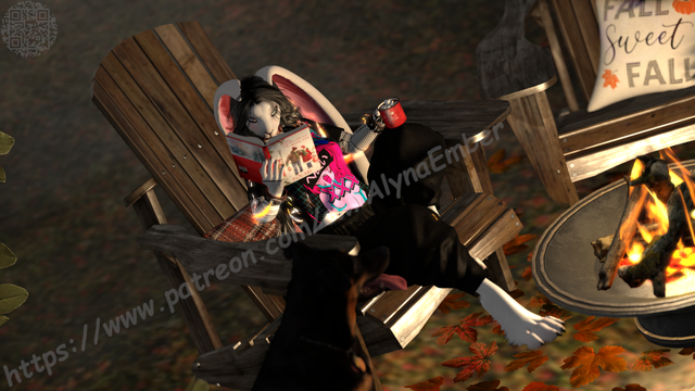 Flaming bunny girl sitting in a chair by a fire. Reading and drinking hot cocoa