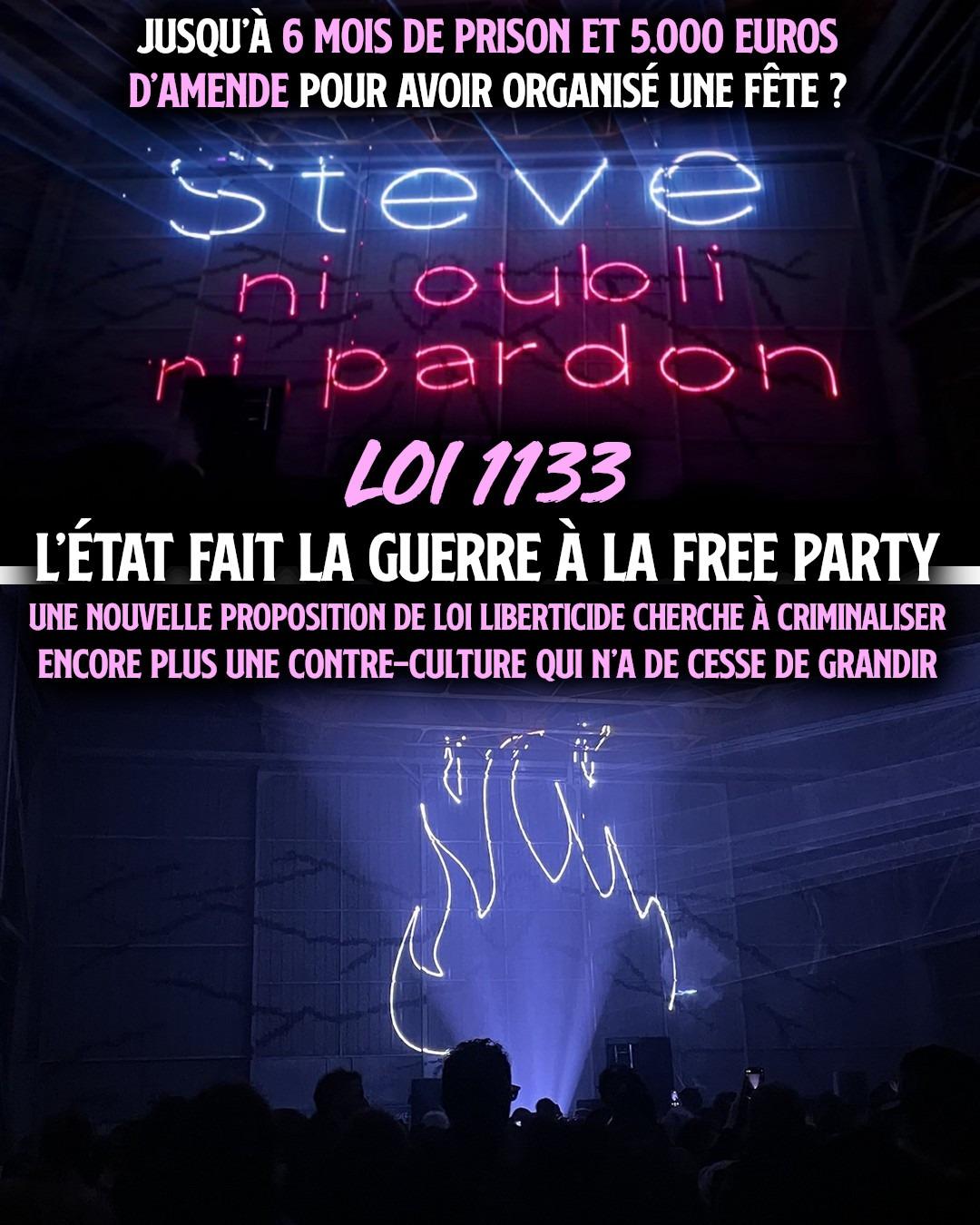 Au-dessus d'un mur de son, des lazers tracent le slogan "Steve : ni oubli, ni pardon" Au-dessus d'un mur de son, des lazers tracent le slogan "Steve : ni oubli, ni pardon"
