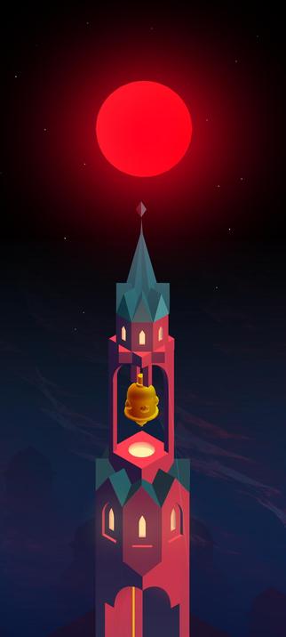 A stylized digital illustration of a tall, geometric tower at night under a giant, glowing red moon in a starry sky. The tower features teal pointed roofs, dark pinkish-red walls, glowing arched windows, and an open midsection housing a large, hanging golden bell above a lit circular platform.