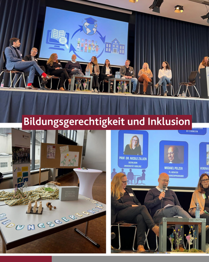 Collage drei Bilder: Gruppenbild 10 Personen auf Bühne als Talkrunde, Bildausschnitt Redner, drittes Bild Stand mit Tisch, Roll-Ups zu Startchancen und Bildungsgerechtigkeit