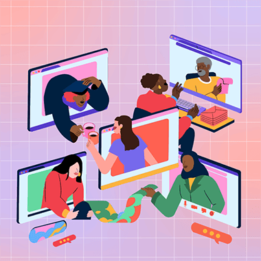 Eine bunte moderne Illustration mit 5 verschiedene Bildschirmen bei denen Menschen sich in Video-Konferenzen gegenseitig Grüßen, miteinander Kaffee anstoßen oder Dokumente teilen.
Im Hintergrund ist ein weißes dünnes Gitter mit einer Orange-Blauen Gradiente im Hintergrund.
