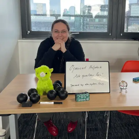 Katrin sitzt am Opencast Helpdesk mit Lama Maskottchen Olav