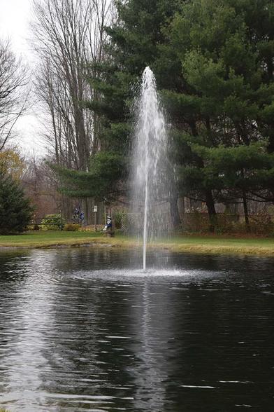 Tall vertical spray from lake and pond fountains installed in a calm outdoor pond surrounded by trees.