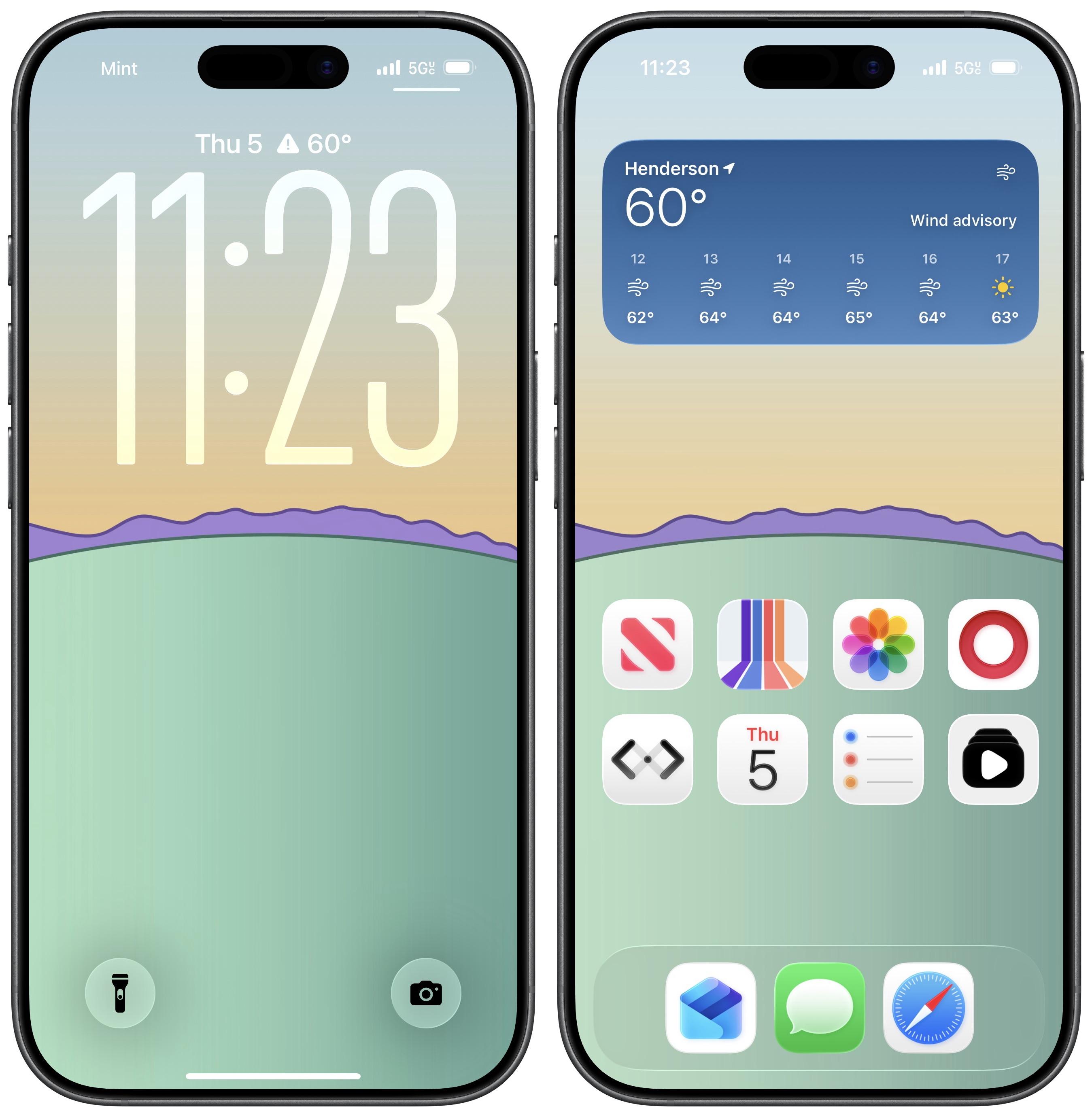 Two iPhones display home screens with weather updates, app icons, and the time, date, and temperature.