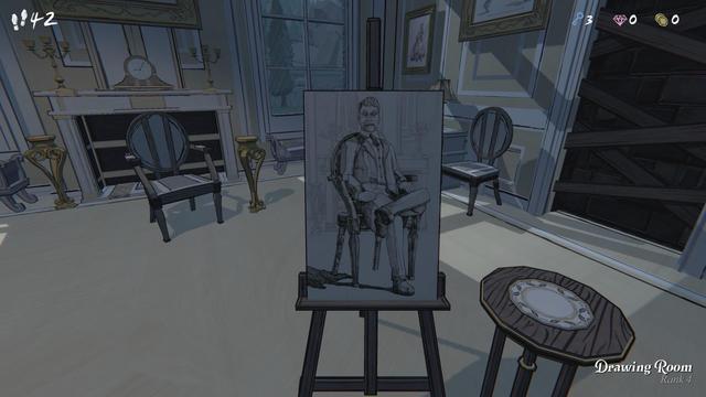 I’m in the Drawing Room in Blue Prince, which overlooks the west side in this particular run. I have forty-two steps and three keys, but not much else. A sketch portrait of (presumably) the mansion’s owner, Herbert Sinclair, rests on an easel in front of me. Nothing else in the room is remarkable save for the window to the outside, a few chairs and tables, and a former fireplace with a clock resting on the mantlepiece.