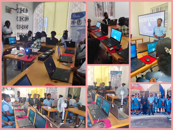 Collage aus mehreren Fotos. Ein Foto zeigt eine Gruppe Schüler und Schülerinnen mit 2 Lehrern vor einen Gebäude. Die anderen Fotos zeigen einen Raum mit eng gestellten Tischen, darauf aufgeklappten Laptops. Einmal sitzen Lehrer vor den Laptops, einmal Schüler. Davor steht ein weiterer Lehrer, der die Computer erklärt.Auf den Monitoren sieht man den MATE-Desktop von Linux Mint.