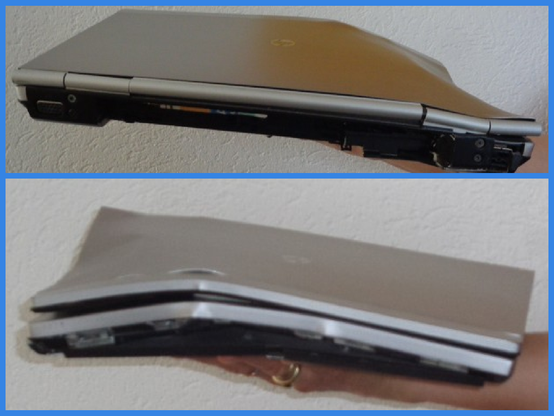 2 Fotos der Collage zeigen einen völlig verbogenen und zerstörten Laptop aus zwei verschiedenen Blickwinkeln. Der Laptop ist völlig zerstört, um mehrere Zentimeter knickt das Chassis ab.