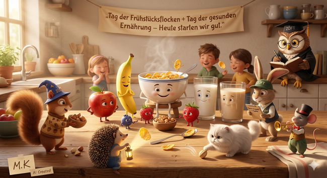 Willkommen am wohl vitalsten Frühstückstisch des Zauberwaldes! 🥣✨🌲 In der ZÖFT-Welt widmen wir uns heute der Kunst, Körper und Seele gleichzeitig zu nähren. Zum Doppel-Feiertag aus Frühstücksflocken und gesunder Ernährung lassen wir es in der Waldküche so richtig knuspern! 🎨🌟
Im Zentrum steht die große Gemeinschaftsschüssel. Es ist eine Szene, die uns lehrt, dass gesundes Essen ein Fest für die Sinne sein kann, wenn man es mit Achtsamkeit und im Miteinander genießt. Während unsere Kinder die Architektur aus Bananen und Erdbeeren bewundern, sorgt das Eichhörnchen mit einer Prise Magie dafür, dass jedes Korn perfekt sitzt 🐿️🪄 Die Katze und der Igel zeigen uns, dass Genuss auch Ruhe braucht, während Professor Eule im Hintergrund die biologische Wertigkeit dokumentiert 🦉📊
Es geht um das Bewusstsein für die Herkunft unserer Lebensmittel und die Freude an natürlichen Zutaten. Die goldene Morgensonne taucht das Müsli-Moorbeet in ein warmes Licht und erinnert uns daran, dass wir die Energie der Natur direkt löffeln können. Wir schätzen den Moment der Stille und die Kraft, die uns dieses gemeinsame Mahl schenkt. In einer Zeit der Hektik ist dieses Frühstück ein Versprechen an uns selbst: Wir achten auf das, was uns nährt. Wie tragt ihr heute zu eurem eigenen Wohlbefinden und dem eurer Gemeinschaft bei? ❤️🌟
#ZÖFT #Community #GesundeErnährung #Müsli #Waldleben #Frühling #Achtsamkeit #Nachhaltigkeit #Wertschätzung #KIKunst